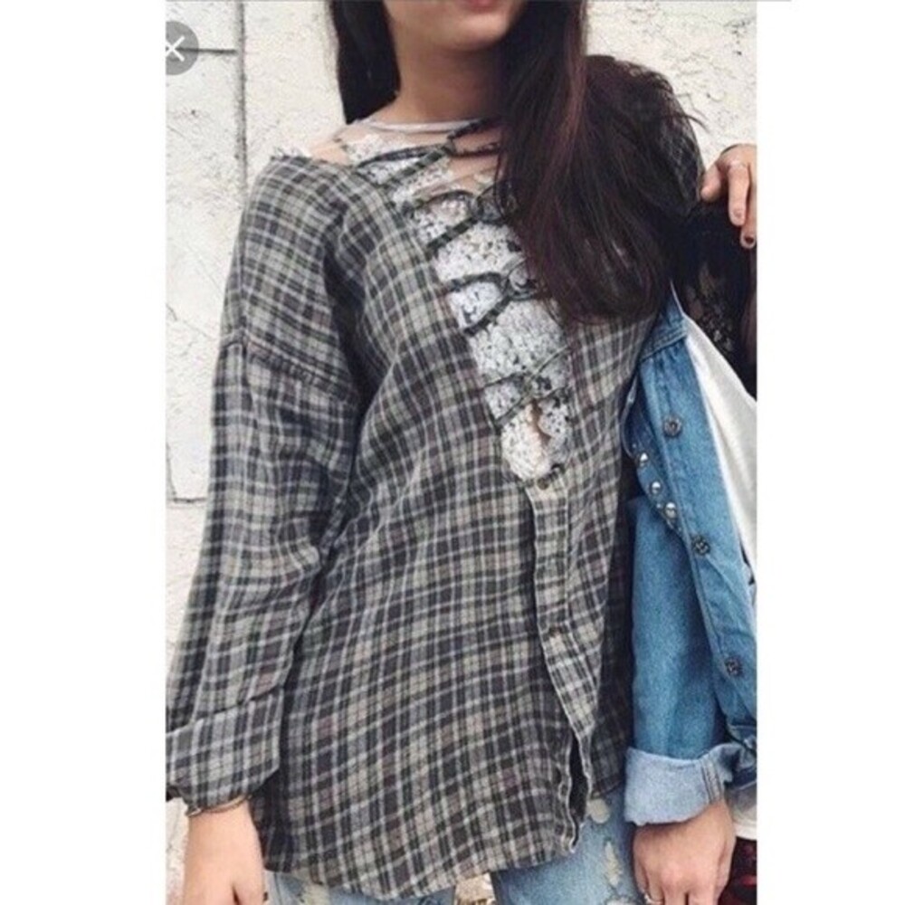 Furst of a Kind Lace Up Raw Edge Plaid  Grunge 90s Y2K Shirt L